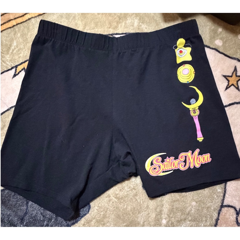 Sailor Moon Graphic Biker Shorts Black Cotton Stretch Anime Lounge Shorts Large